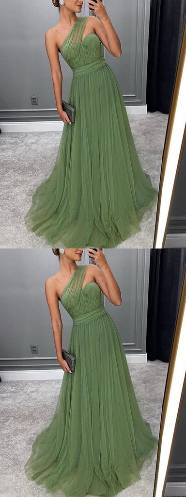 Green A-line One Shoulder Chiffon Maxi Long Party Prom Dresses,WGP312
