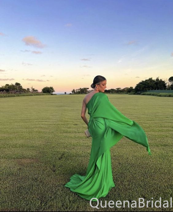 Gorgeous Green Long Sleeves One Shoulder Evening Party Dress Long Prom Dresses to Impress with Slit ,WGP1380