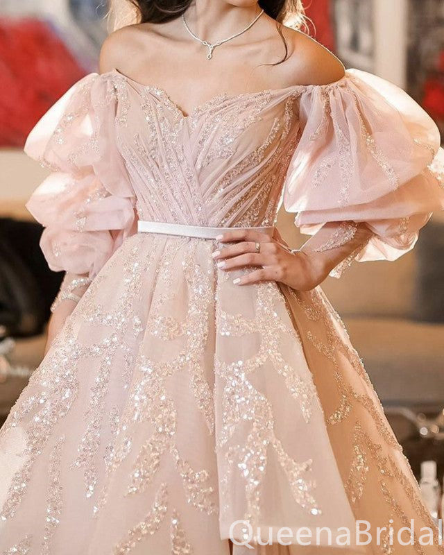 Gorgeous Light Pink Off-the-shoulder Sparkle A-line Graduation Party Short Homecoming Dresses,QB0743