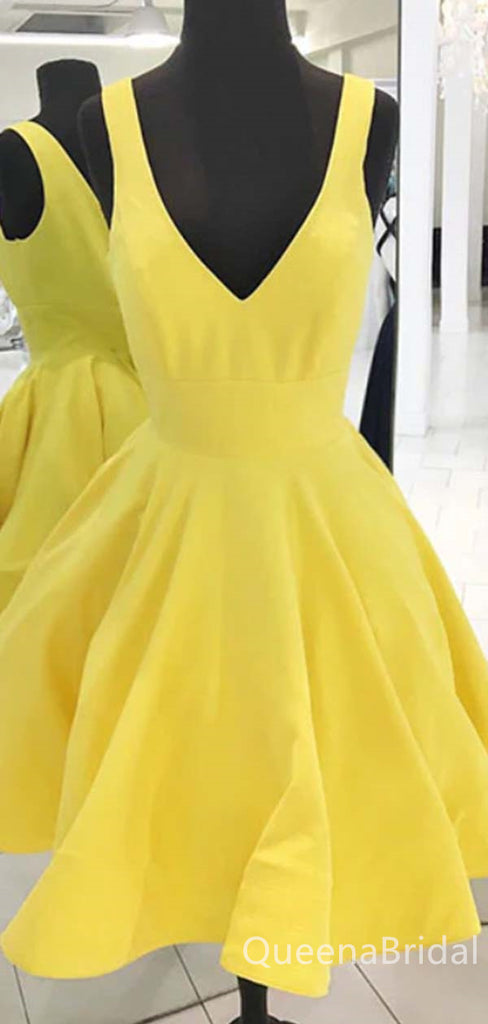 Charming Yellow Plunging A-line Short Homecoming Dresses with Pleats, QB0603