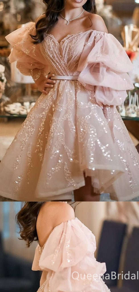 Gorgeous Light Pink Off-the-shoulder Sparkle A-line Graduation Party Short Homecoming Dresses,QB0743