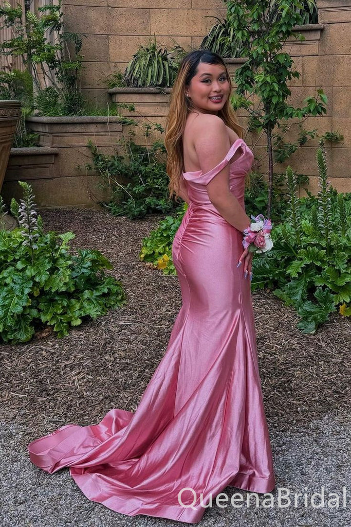 Pink Plunging Off Shoulder Mermaid Long Prom Dresses to Impress Plus Size,WGP1355