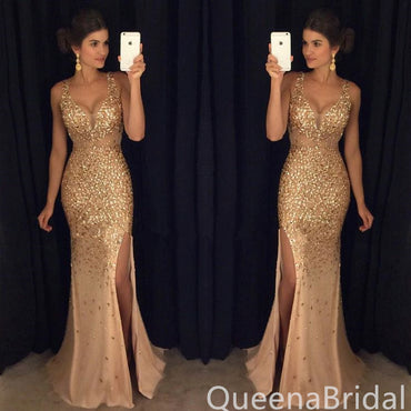 Sexy Sparkly Deep V-neck Side Slit Evening Gown Long Prom Dresses ,WGP661