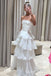 White Strapless A-line Layer Evening Gown Long Evening Party Prom Dresses ,WGP1261