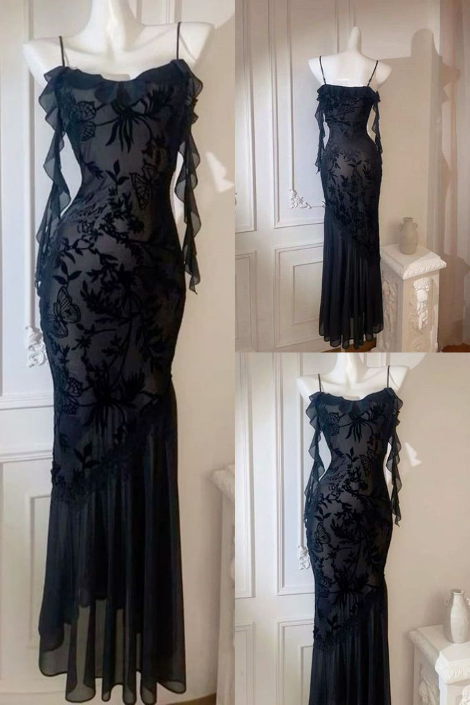 Sexy Black Lace Appliques Spaghetti Straps Mermaid Party Dress Long Prom Dresses to Impress ,WGP1550