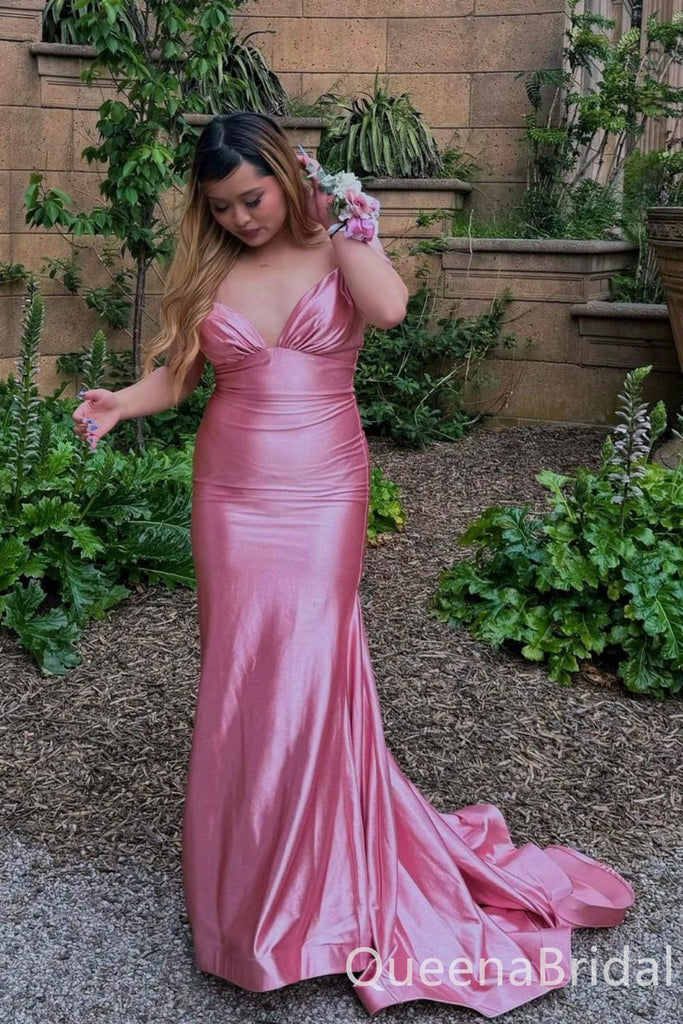 Pink Plunging Off Shoulder Mermaid Long Prom Dresses to Impress Plus Size,WGP1355