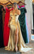 Gold Halter Open Back Mermaid Plunging Side Slit Party Dress Long Prom Dresses to Impress ,WGP1647