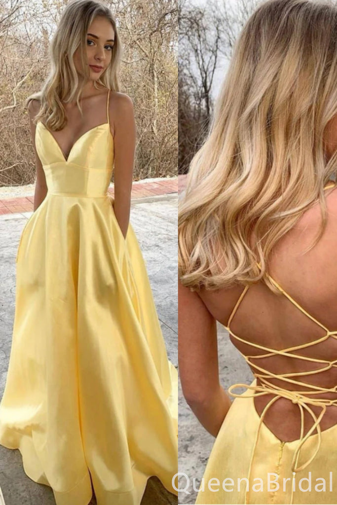 Elegant Yellow Spaghetti Straps Sweetheart A-line Satin Lace up Back Long Prom Dress to Impress ,WGP1695