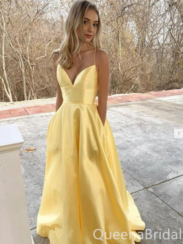 Elegant Yellow Spaghetti Straps Sweetheart A-line Satin Lace up Back Long Prom Dress to Impress ,WGP1695