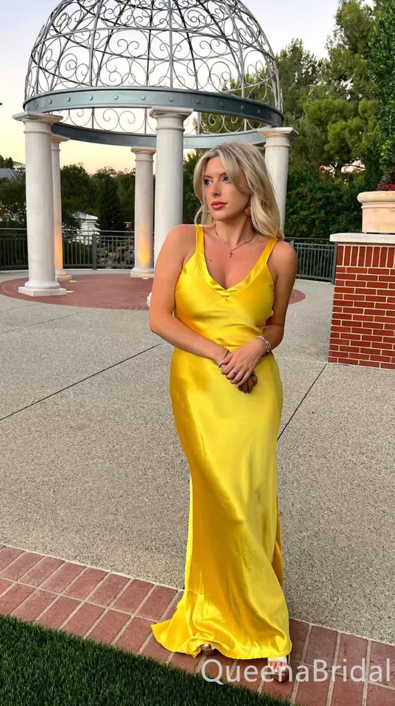 Sexy Yellow V Neck Mermaid Satin Long Prom Dress to Impress ,WGP1696