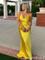 Sexy Yellow V Neck Mermaid Satin Long Prom Dress to Impress ,WGP1696