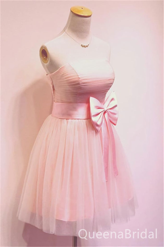 Stunning Strapless Pink Sweetheart A-line Graduation Party Short Homecoming Dress Formal Evening Party Dress with Bow Belt, QB0841