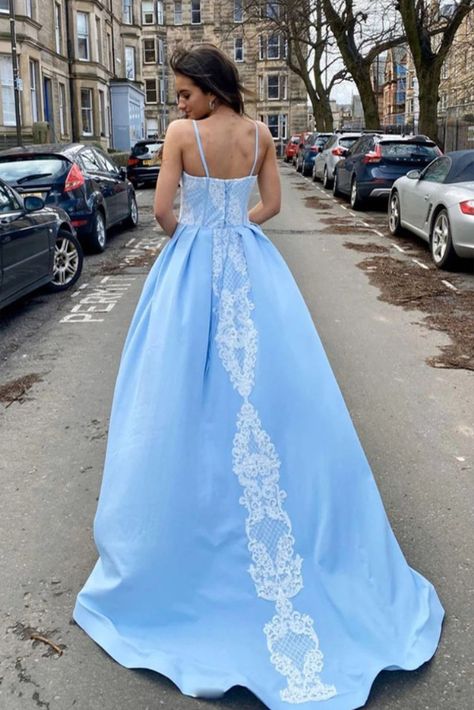 Sky Blue Spaghetti Straps Sweetheart Lace Appliques A-line Evening Gown Maxi Long Evening Party Prom Dresses with Trailing,WGP1005