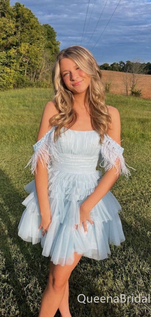 Elegant Off-the-shoulder Light Blue Layer A-line Graduation Party Homecoming Dresses ,QB0690