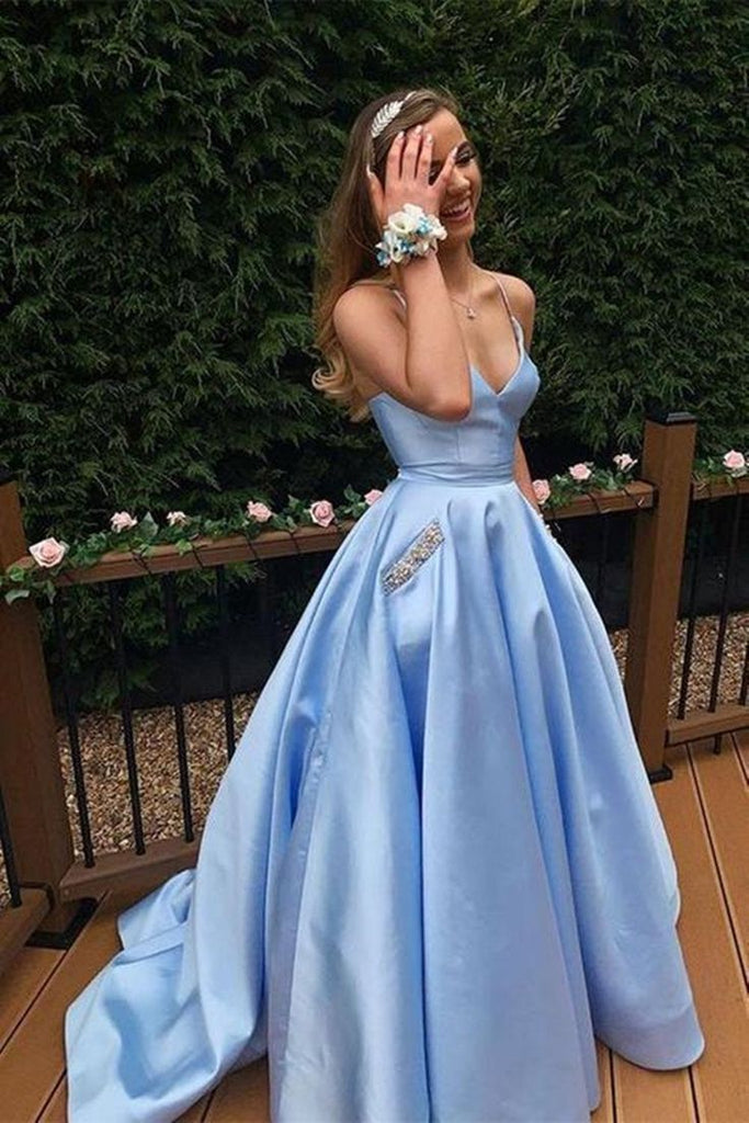 Sky Blue Spaghetti Straps V-neck Beaded A-line Evening Gown Maxi Long Evening Party Prom Dresses with Pockets,WGP1006