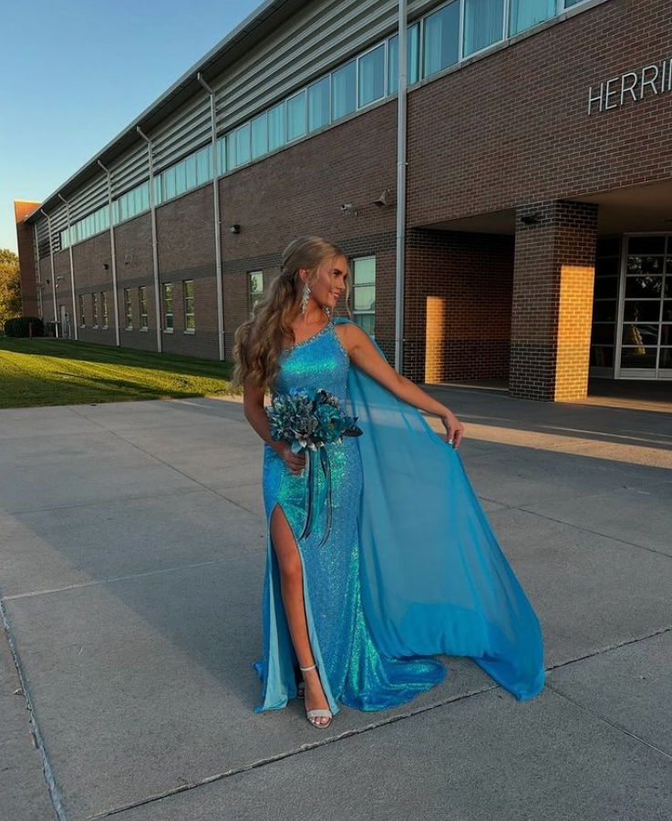 Shiny Blue Mermaid One Shoulder Side Slit Party Dress Long Prom Dresses to Impress ,WGP1552