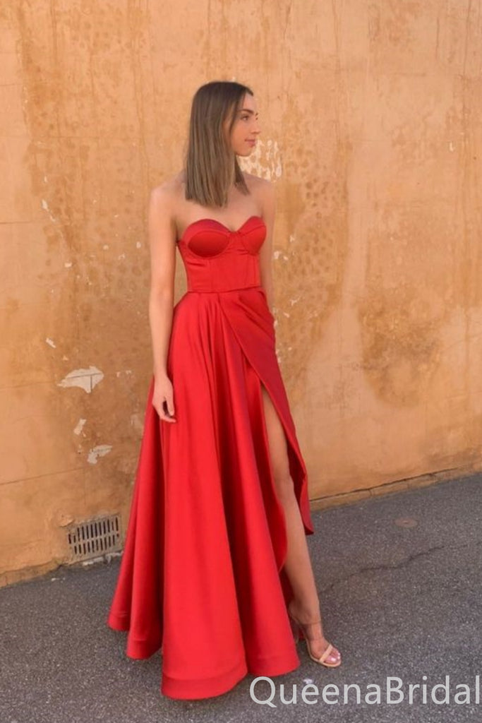 Sexy Red Strapless Sweetheart A-line Side Slit Long Party Dress Long Prom Dresses to Impress ,WGP1445