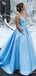 Sky Blue Spaghetti Straps V-neck Beaded A-line Evening Gown Maxi Long Evening Party Prom Dresses with Pockets,WGP1006