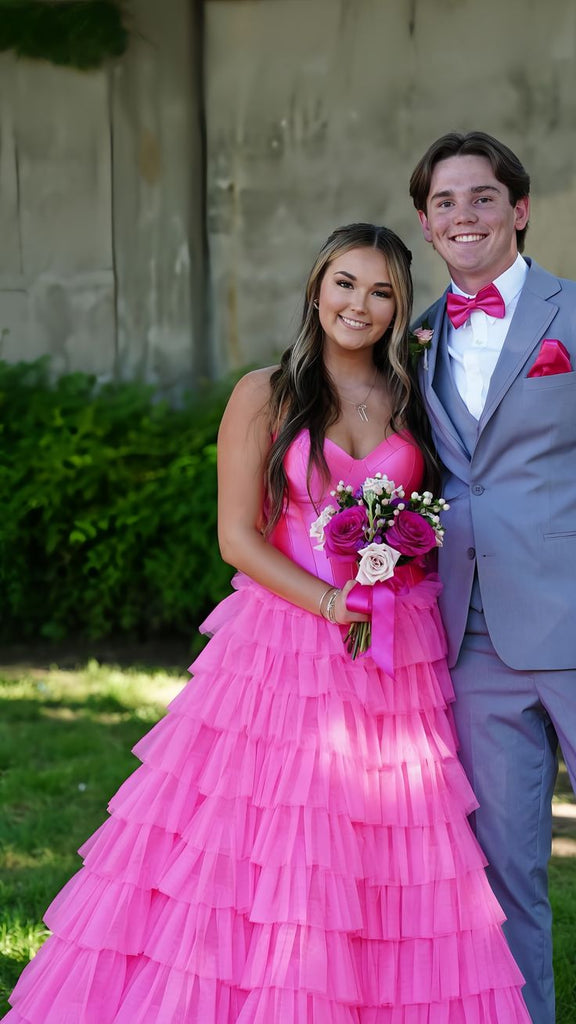 Hot Pink Strapless Tiered Sweetheart Long Prom Dresses to Impress Plus Size with Slit,WGP1357