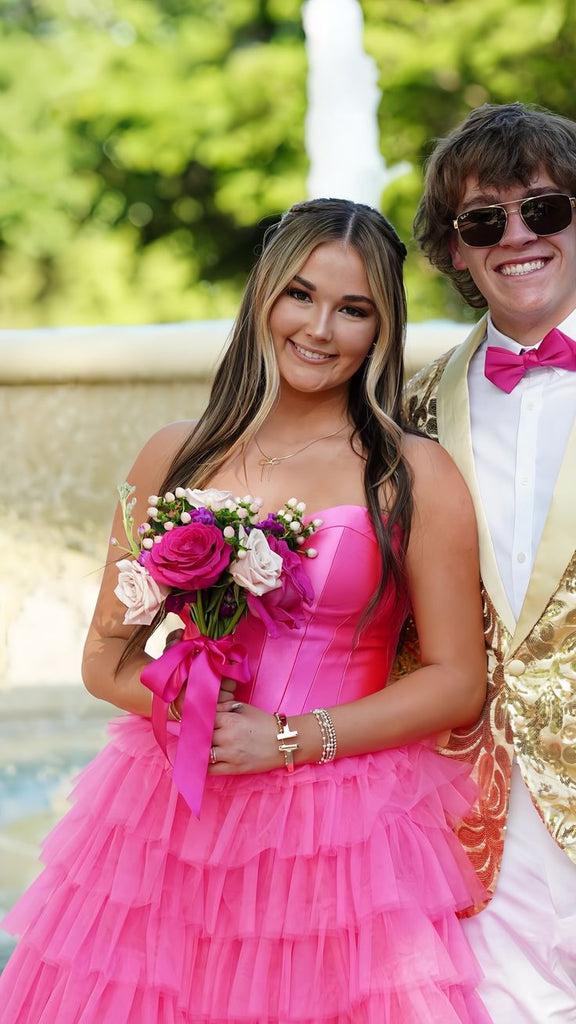 Hot Pink Strapless Tiered Sweetheart Long Prom Dresses to Impress Plus Size with Slit,WGP1357