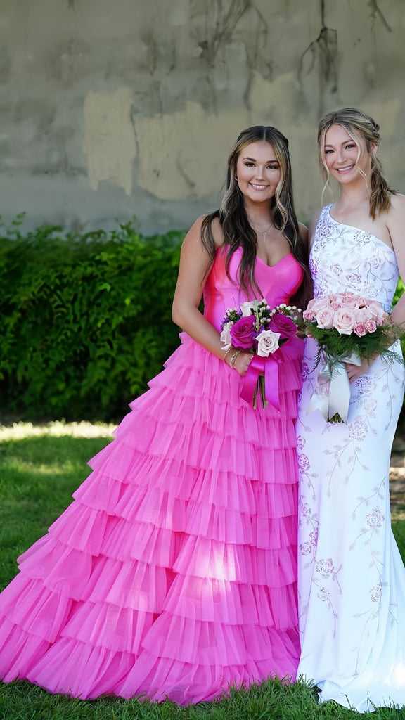 Hot Pink Strapless Tiered Sweetheart Long Prom Dresses to Impress Plus Size with Slit,WGP1357