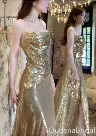 Stunning Spaghetti Straps Side Slit Sheath Long Prom Dress to Impress ,WGP1706