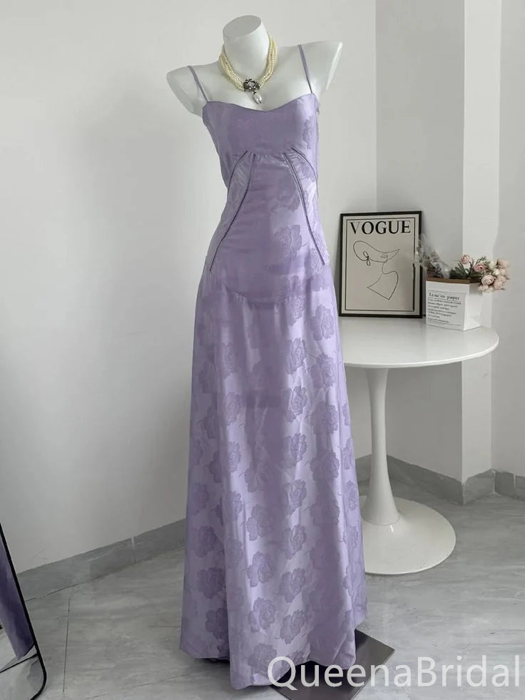 Elegant Lilac Spaghetti Straps Floral Embroidery Lace up Back A-line Long Prom Dress to Impress ,WGP1709