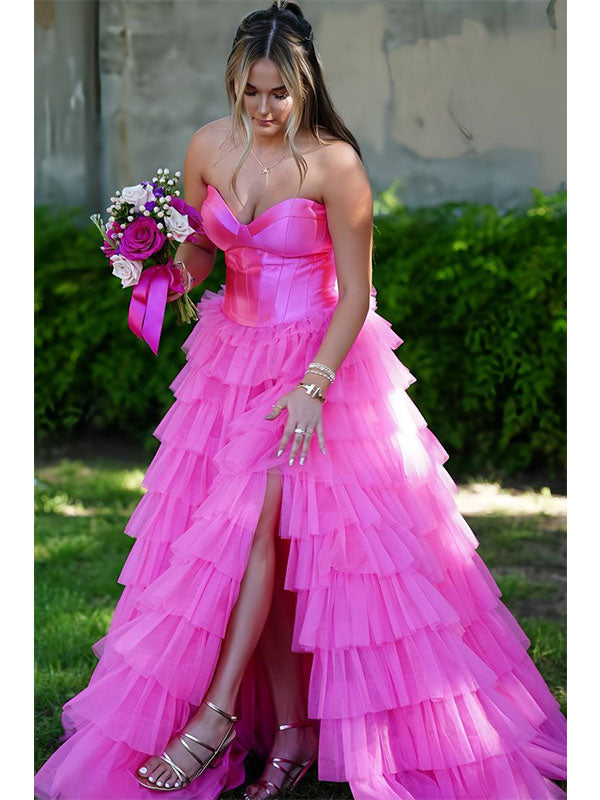 Hot Pink Strapless Tiered Sweetheart Long Prom Dresses to Impress Plus Size with Slit,WGP1357