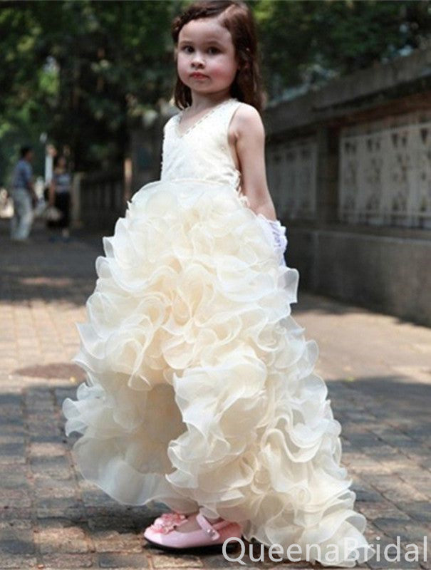 Ivory V-neck High Low Long Tulle Ball Gown Flower Girl Dresses with Ruffles, FGS0059