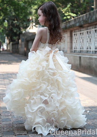 Ivory V-neck High Low Long Tulle Ball Gown Flower Girl Dresses with Ruffles, FGS0059