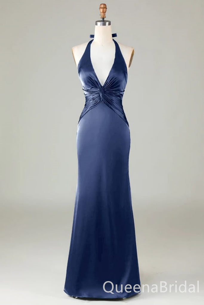 Blue Halter Plunging Mermaid Open Back Evening Gown Long Evening Party Prom Dresses ,WGP1263