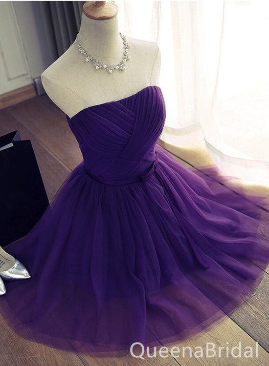 Purple Strapless Lace Up Back A-line Graduation Party Short Homecoming Dresses, QB0785