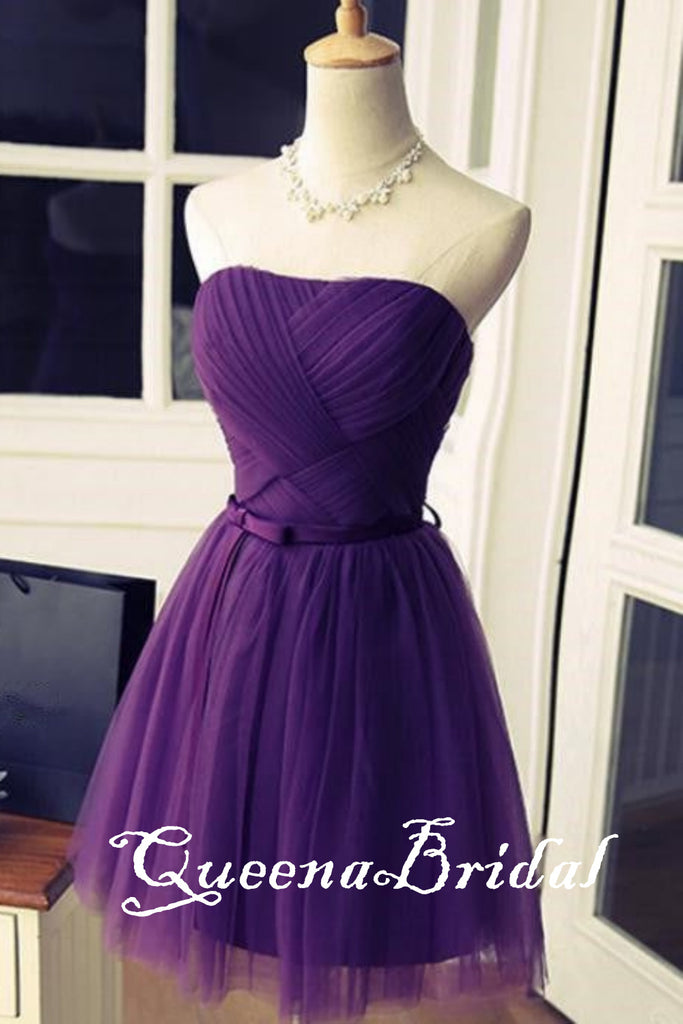 Purple Strapless Lace Up Back A-line Graduation Party Short Homecoming Dresses, QB0785