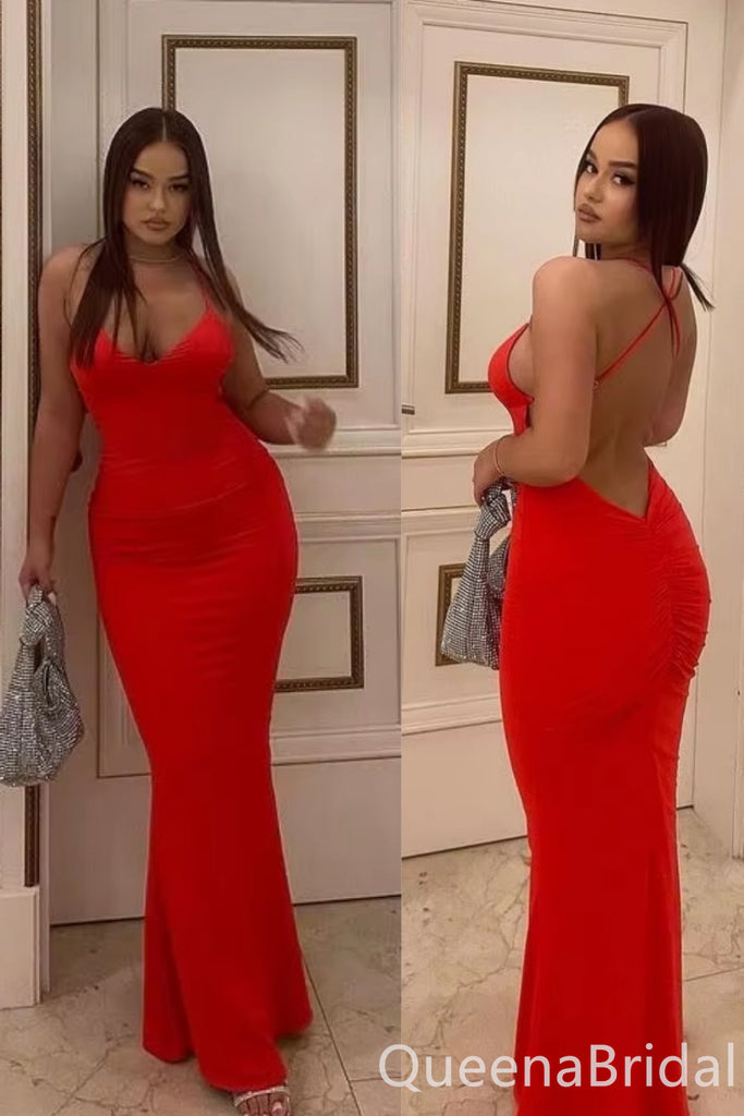 Sexy Red Mermaid Spaghetti Straps V Neck Long Prom Dress to Impress ,WGP1714