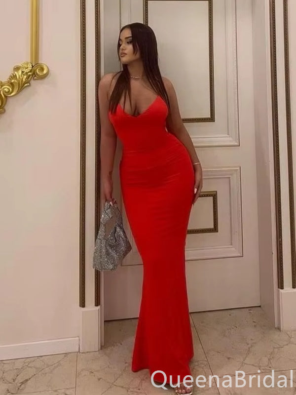 Sexy Red Mermaid Spaghetti Straps V Neck Long Prom Dress to Impress ,WGP1714