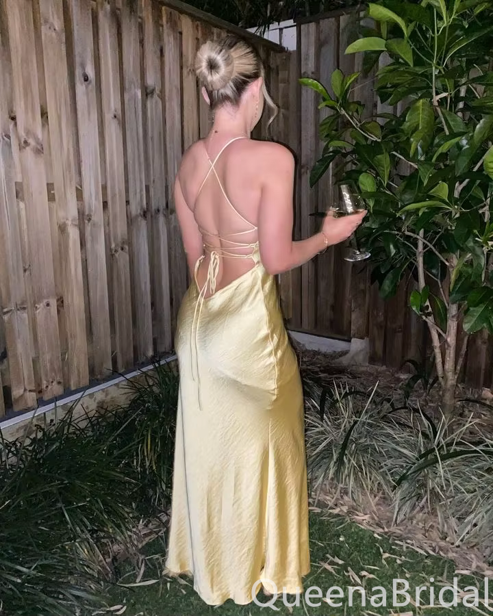 Sexy Pale Yellow Lace up Back Sheath Spaghetti Straps V Neck Long Prom Dress to Impress,WGP1715