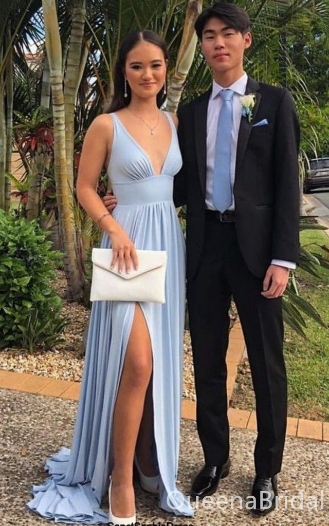 Elegant Blue Side Slit A-line V Neck Long Party Dress Prom Dresses,WGP1738