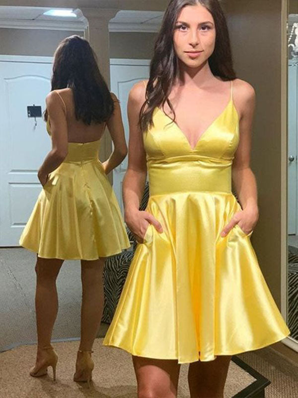 Yellow Spaghetti Straps V Neck A-line Graduation Party Short Homecoming Dresses Formal Evening Party Dresses, QB0824