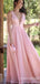 Light Pink Plunging A-line Evening Gown Long Evening Party Prom Dresses ,WGP1266