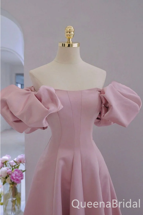 Elegant Pink Off the Shoulder Bubble Sleeves A-line Long Party Dress Long Prom Dresses to Impress ,WGP1402