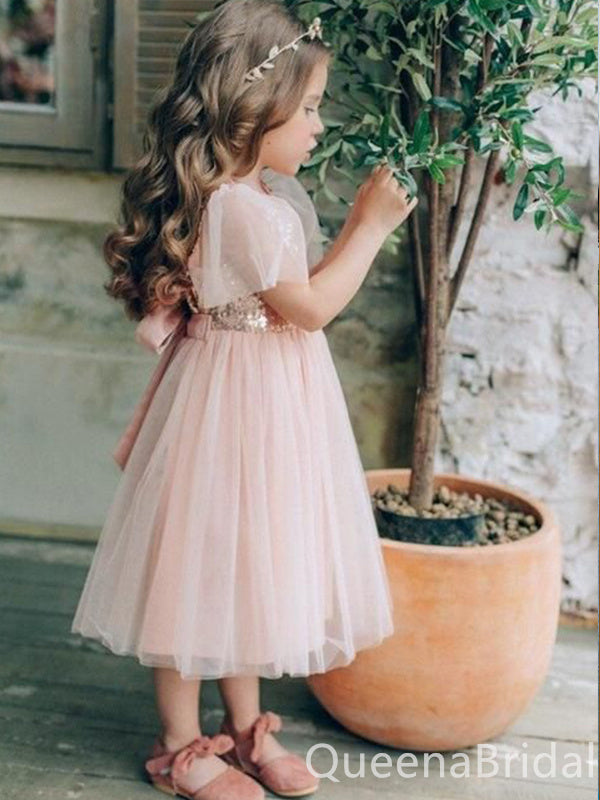 Cute Shiny Pink A-line Tulle Flower Girl Dresses , FGS0062