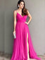 Hot Pink Spaghetti Straps Plunging A-line Long Prom Dresses to Impress with Slit ,WGP1360