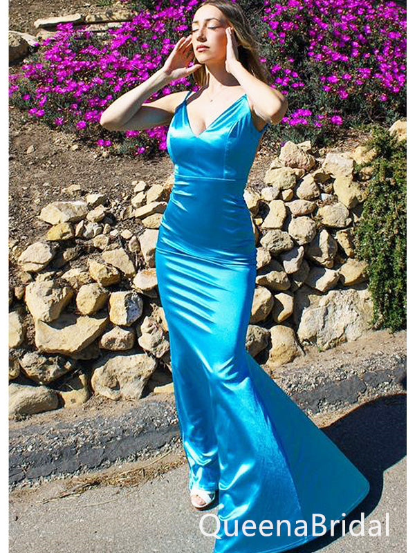 Elegant Blue V Neck Spaghetti Strap Mermaid Evening Long Prom Dresses,WGP479