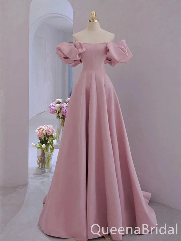 Elegant Pink Off the Shoulder Bubble Sleeves A-line Long Party Dress Long Prom Dresses to Impress ,WGP1402