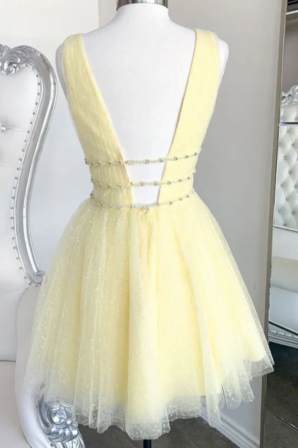 Light Yellow V Neck A-line Graduation Party Short Homecoming Dresses Formal Evening Party Dresses, QB0825