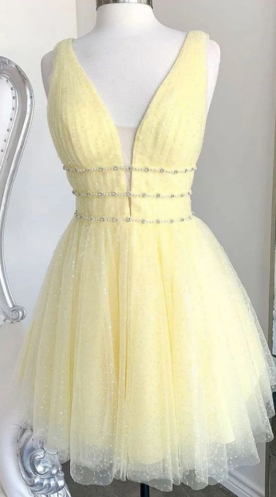 Light Yellow V Neck A-line Graduation Party Short Homecoming Dresses Formal Evening Party Dresses, QB0825