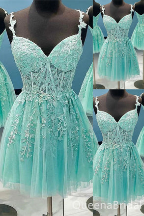 Mint Green Lace Appliques A-line Graduation Party Short Homecoming Dresses , QB0818