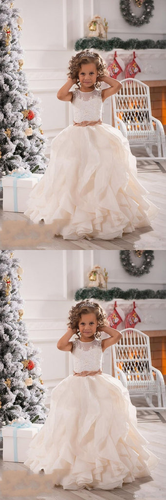 Elegant White Lace Appliques A-line Long Flower Girl Dresses , FGS0063