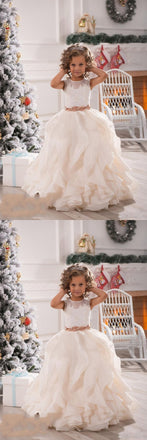 Elegant White Lace Appliques A-line Long Flower Girl Dresses , FGS0063