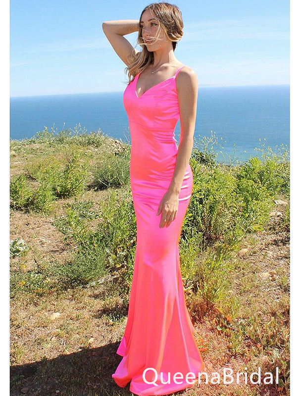 Elegant Candy Pink V Neck Spaghetti Strap Mermaid Evening Long Prom Dresses,WGP480